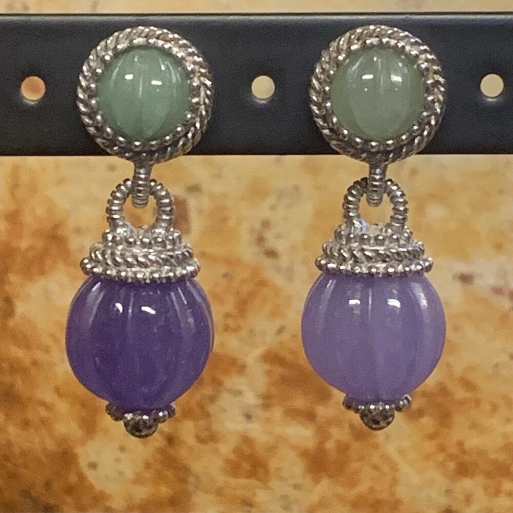 Judith Ripka Earrings Sterling Silver Green & Purple Jade Dangle/Drop SEE DESCR.